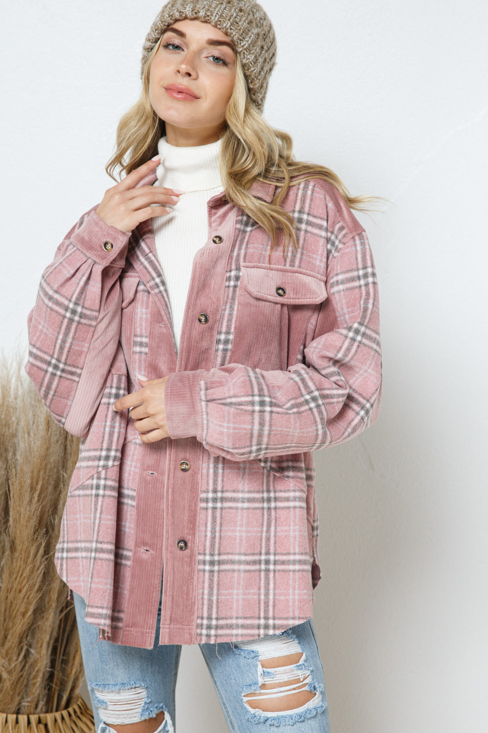 Loose Fit Plaid Velvet Button Down