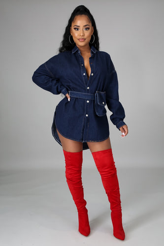 Denim Belt Tunic Dress For Women